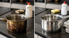 Verbrannte Rückstände aus einem Topf entfernen, ohne zu schrubben: einfache Hausmittel